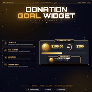 May include: A dark, gold, and black graphic for streamers, displaying a donation goal widget. The widget shows a donation progress bar, live alerts, and a goal tracker. The text reads "DONATION GOAL WIDGET FOR STREAMERS."