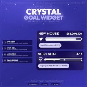 Crystal Goal Widget Overlay for Twitch – Animated StreamElements Goal Bar | Multi-Goal Dark Aesthetic OBS