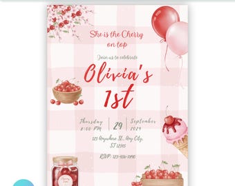 Editable Cherry Invite 1st Birthday Digital | Berry | Editable Canva Template | Printable Party Invitation
