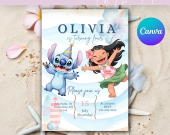 Lilo and Stitch Birthday Invitation | Girls Party Invite | Editable Canva Template | Instant Download