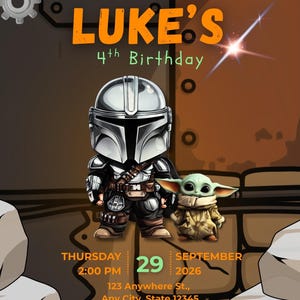 Puede incluir: Una tarjeta de invitaci&oacute;n de cumplea&ntilde;os con un personaje en armadura y una peque&ntilde;a criatura verde. El texto dice: This is the way to Celebrate! LUKE'S 4th Birthday, Thursday 29 September 2026, 2:00 PM, 123 Anywhere St., Any City, State 12345, RSVP: +123-456-7890.