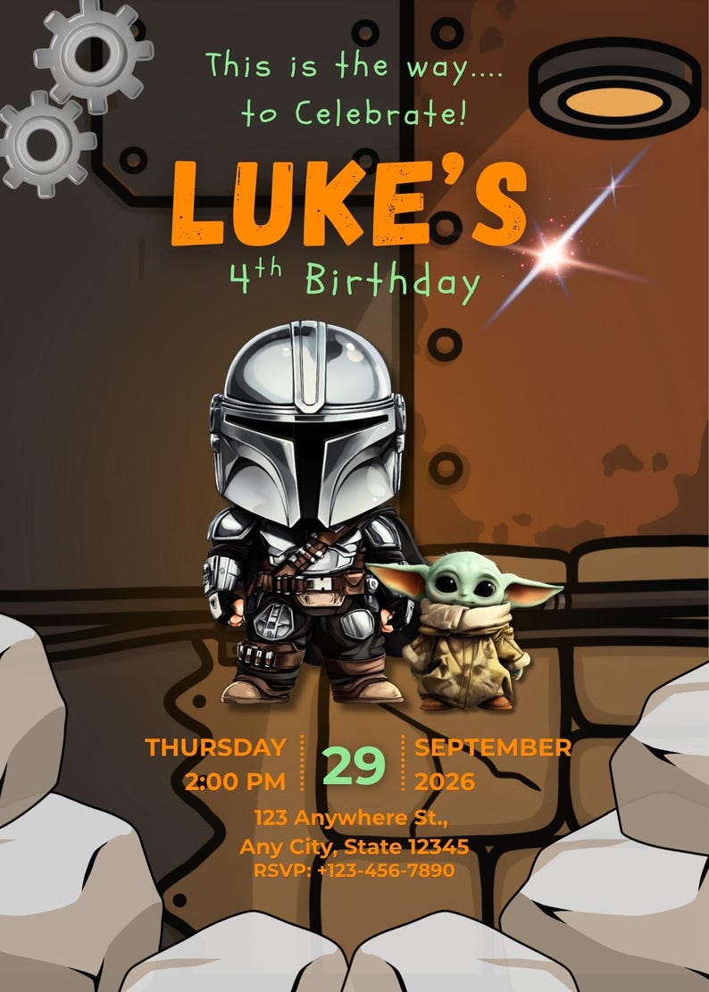 Puede incluir: Una tarjeta de invitaci&oacute;n de cumplea&ntilde;os con un personaje en armadura y una peque&ntilde;a criatura verde. El texto dice: This is the way to Celebrate! LUKE'S 4th Birthday, Thursday 29 September 2026, 2:00 PM, 123 Anywhere St., Any City, State 12345, RSVP: +123-456-7890.