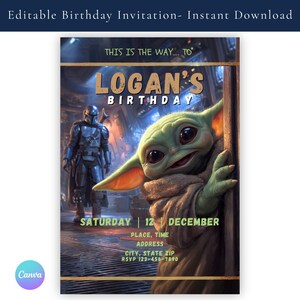 K&ouml;nnte beinhalten: Eine bearbeitbare Geburtstagseinladung mit einem gr&uuml;nen Wesen mit gro&szlig;en Ohren und Augen sowie einer metallisch gepanzerten Figur im Hintergrund. Der Text enth&auml;lt THIS IS THE WAY TO LOGAN'S BIRTHDAY, SATURDAY 12 DECEMBER, PLACE, TIME, ADDRESS, CITY, STATE ZIP, RSVP 123-456-7890.