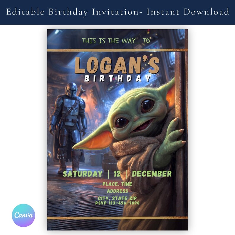 K&ouml;nnte beinhalten: Eine bearbeitbare Geburtstagseinladung mit einem gr&uuml;nen Wesen mit gro&szlig;en Ohren und Augen sowie einer metallisch gepanzerten Figur im Hintergrund. Der Text enth&auml;lt THIS IS THE WAY TO LOGAN'S BIRTHDAY, SATURDAY 12 DECEMBER, PLACE, TIME, ADDRESS, CITY, STATE ZIP, RSVP 123-456-7890.