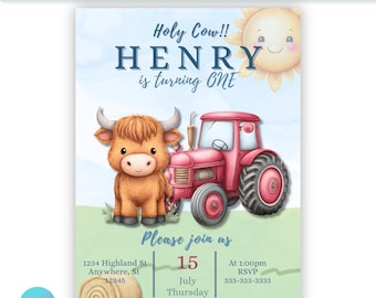 Editable Highland Cow 1st Birthday Invitation | Editable Canva Template (Digital Download)