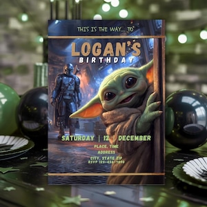 K&ouml;nnte beinhalten: Eine rechteckige Geburtstagseinladungskarte mit einer gr&uuml;nen Kreatur mit gro&szlig;en Augen und Ohren, einer silbergepanzerten Figur im Hintergrund und dem Text THIS IS THE WAY TO LOGAN'S BIRTHDAY, SATURDAY 12 DECEMBER, PLACE, TIME, ADDRESS, CITY, STATE ZIP, RSVP 123-456-7890.