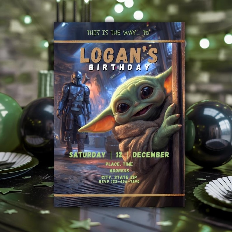K&ouml;nnte beinhalten: Eine rechteckige Geburtstagseinladungskarte mit einer gr&uuml;nen Kreatur mit gro&szlig;en Augen und Ohren, einer silbergepanzerten Figur im Hintergrund und dem Text THIS IS THE WAY TO LOGAN'S BIRTHDAY, SATURDAY 12 DECEMBER, PLACE, TIME, ADDRESS, CITY, STATE ZIP, RSVP 123-456-7890.