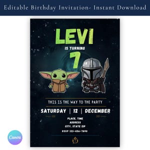 May include: An invitation for a birthday party with the name "LEVI" in large green letters. The invitation features illustrations of a green alien and a character in a helmet. The text "IS TURNING 7" is above the illustrations. The date is December 12.