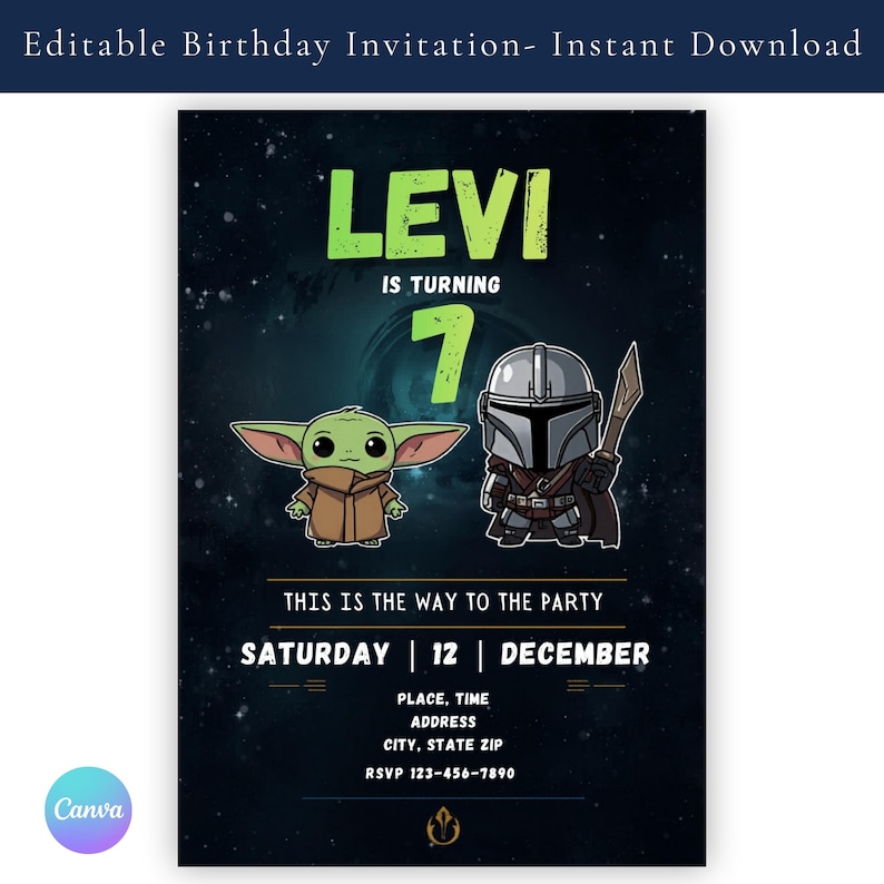 May include: An invitation for a birthday party with the name "LEVI" in large green letters. The invitation features illustrations of a green alien and a character in a helmet. The text "IS TURNING 7" is above the illustrations. The date is December 12.