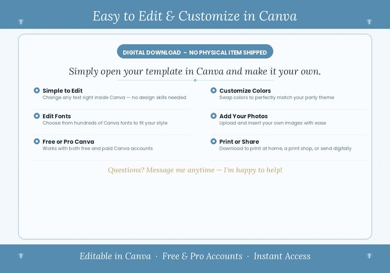 K&ouml;nnte beinhalten: Eine digitale Vorlage, einfach in Canva zu bearbeiten, mit dem Text "Easy to Edit & Customize in Canva". Zu den Funktionen geh&ouml;ren einfache Bearbeitung, Schriftartenanpassung, Farbanpassung und Fotoeinf&uuml;gung. Zug&auml;nglich mit kostenlosen und Pro-Canva-Konten.