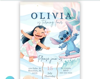 Editable Lilo and Stitch Birthday Digital Invite | Editable Canva Template | Printable Kids Party Invitation Download
