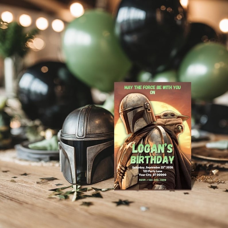 May include: A metallic Mandalorian helmet and a birthday invitation featuring the Mandalorian and Grogu. The invitation reads "May the Force Be With You On Logan's Birthday" with event details. Green and black balloons are in the background.