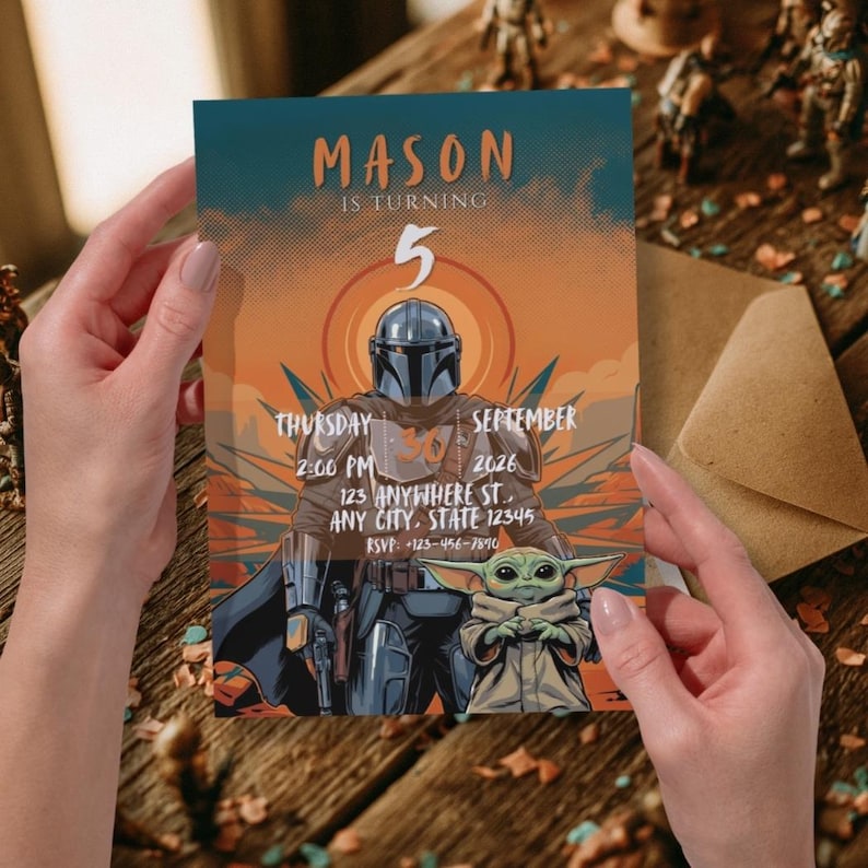 May include: A rectangular birthday invitation card featuring a graphic illustration of a Mandalorian character and a small green creature. The text reads MASON IS TURNING 5, THURSDAY SEPTEMBER 30, 2026, 2:00 PM, 123 ANYWHERE ST., ANY CITY, STATE 12345, RSVP: +123-456-7890.