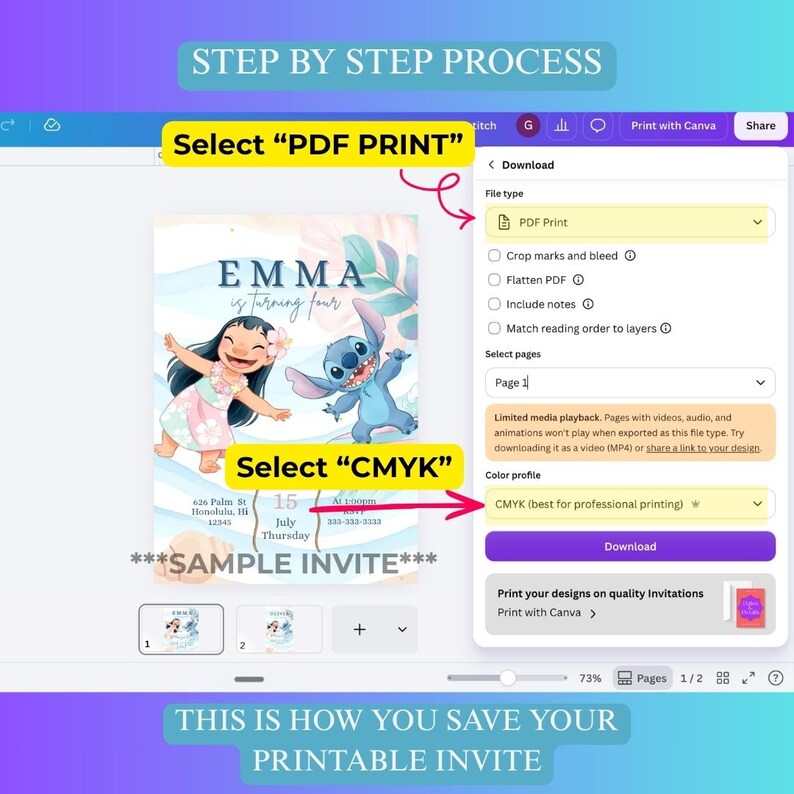 Puede incluir: Una interfaz de tutorial digital que muestra el proceso paso a paso para guardar una invitaci&oacute;n imprimible. La pantalla muestra una invitaci&oacute;n de cumplea&ntilde;os con tem&aacute;tica de Lilo y Stitch para Emma, junto al men&uacute; de descarga de Canva.
