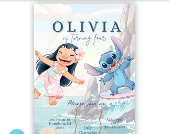 Editable Lilo and Stitch Digital Birthday Invite | Pastel | Editable Canva Template | Printable Party Invite