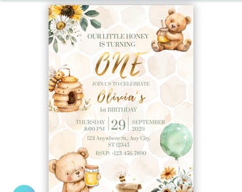 Editable Honey Bee Birthday Digital Invite | Bear | Editable Canva Template | Printable Kids Party Invitation