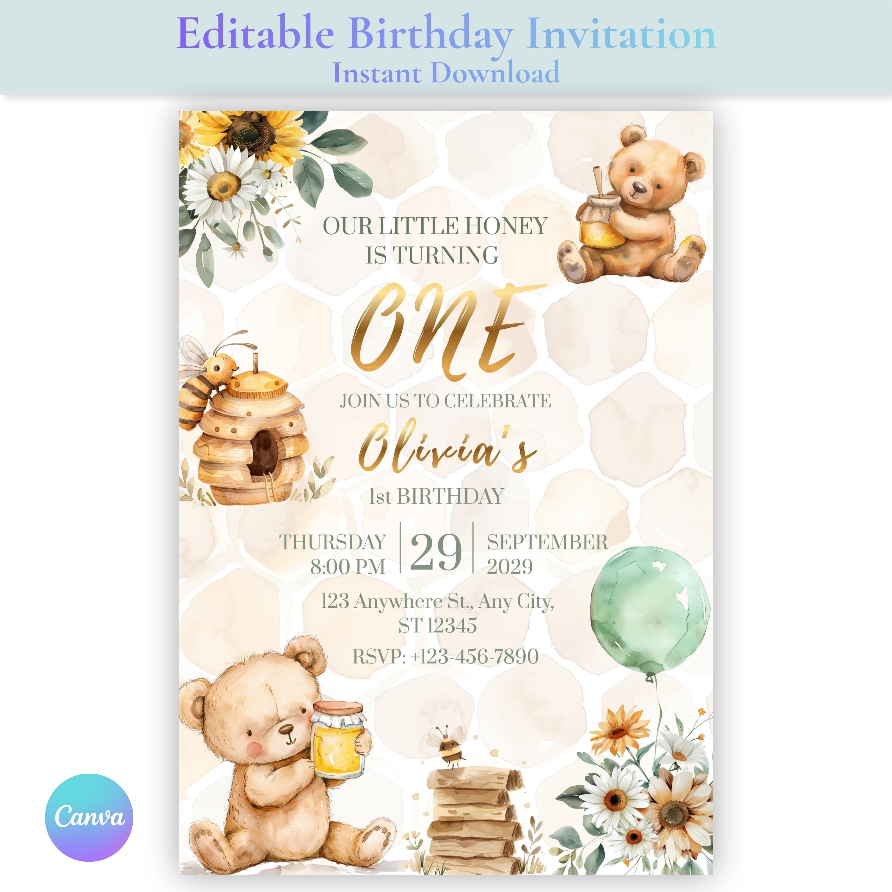 Honey Bee Birthday Invitation | Editable Canva Template | Printable ...