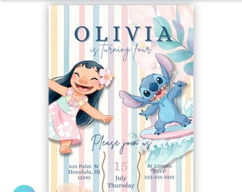 Editable Lilo and Stitch Digital Birthday Invite | Pastel | Editable Canva Template | Printable Party Invite