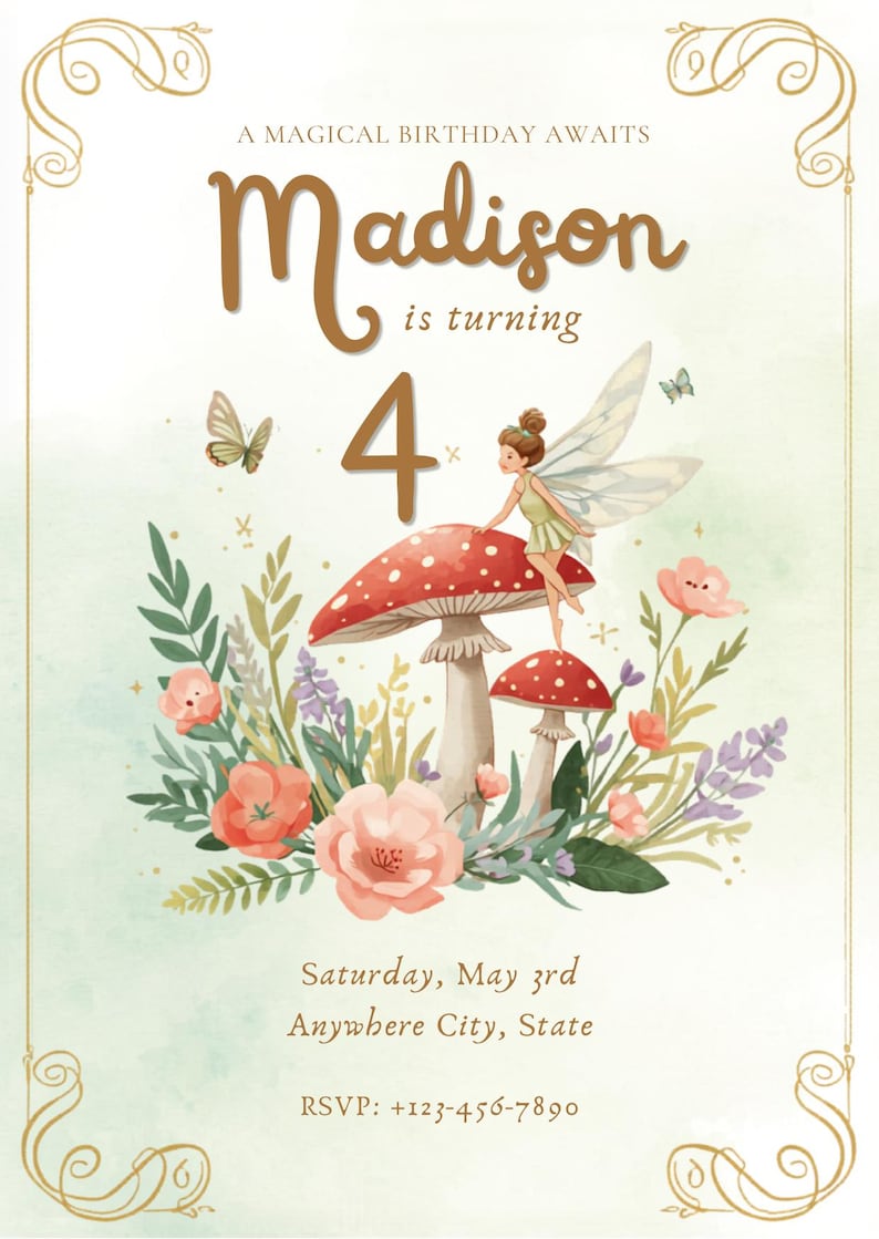 Watercolor fairy garden birthday invitation with mushrooms and flowers