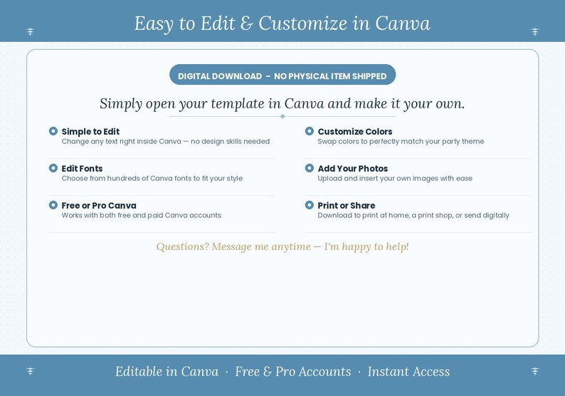 Pu&ograve; includere: Un grafico di istruzioni per un modello digitale blu e bianco con il testo: Easy to Edit & Customize in Canva, DIGITAL DOWNLOAD - NO PHYSICAL ITEM SHIPPED, Simply open your template in Canva and make it your own, Simple to Edit, Customize Colors, Edit Fonts, Add Your Photos, Free or Pro Canva, Print or Share, Questions? Message me anytime - I'm happy to help!, Editable in Canva, Free & Pro Accounts, Instant Access.