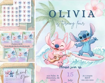 Editable Angel and Stitch Birthday Party Bundle | Posters Cake Toppers | Digital Download Party Printables