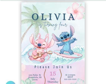 Editable Angel and Stitch Birthday Digital Invitation | Editable Canva Template | Printable Kids Party Invite