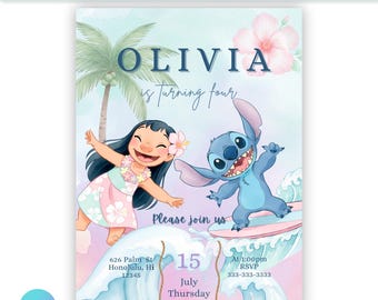 Editable Lilo and Stitch Digital Birthday Invite | Editable Canva Template | Printable Kids Party Invitation