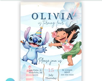 Editable Lilo and Stitch Digital Birthday Invite | Girls | Editable Canva Template | Printable Party Invitation