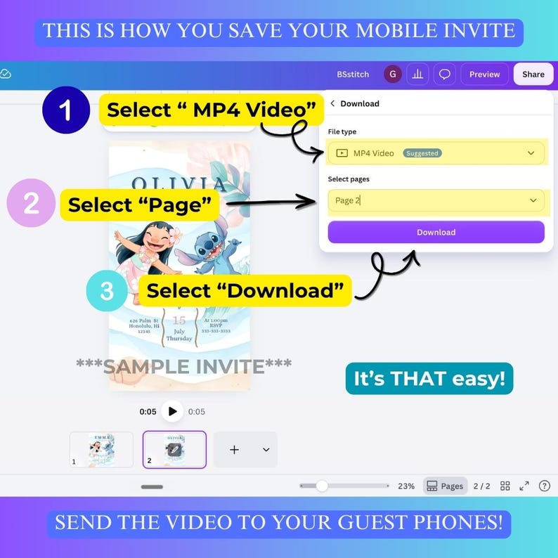Puede incluir: Un gr&aacute;fico digital instructivo que muestra c&oacute;mo guardar una invitaci&oacute;n m&oacute;vil. Incluye pasos numerados: 1. Select MP4 Video, 2. Select Page y 3. Select Download. La interfaz muestra una invitaci&oacute;n de muestra con los personajes Lilo y Stitch.