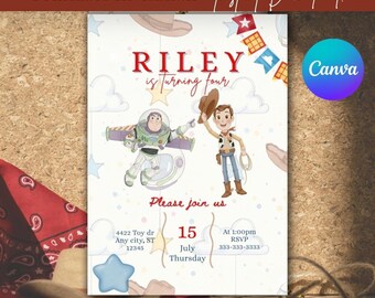 Invito di compleanno a tema Toy Story / Woody Buzz / Modello Canva modificabile (Download digitale)