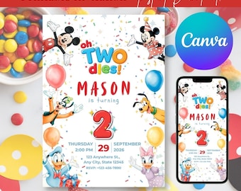 Mickey Mouse 2e verjaardagsuitnodiging | Bewerkbare canvassjabloon | Jongen en meisje | Direct downloaden