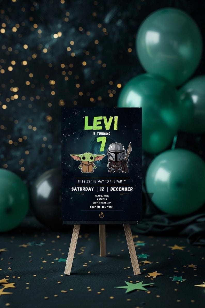 May include: An invitation on a small wooden easel for Levi's 7th birthday party. The invitation features illustrations of Grogu and the Mandalorian, with the text "LEVI IS TURNING 7" and party details. Green balloons and confetti are in the background.
