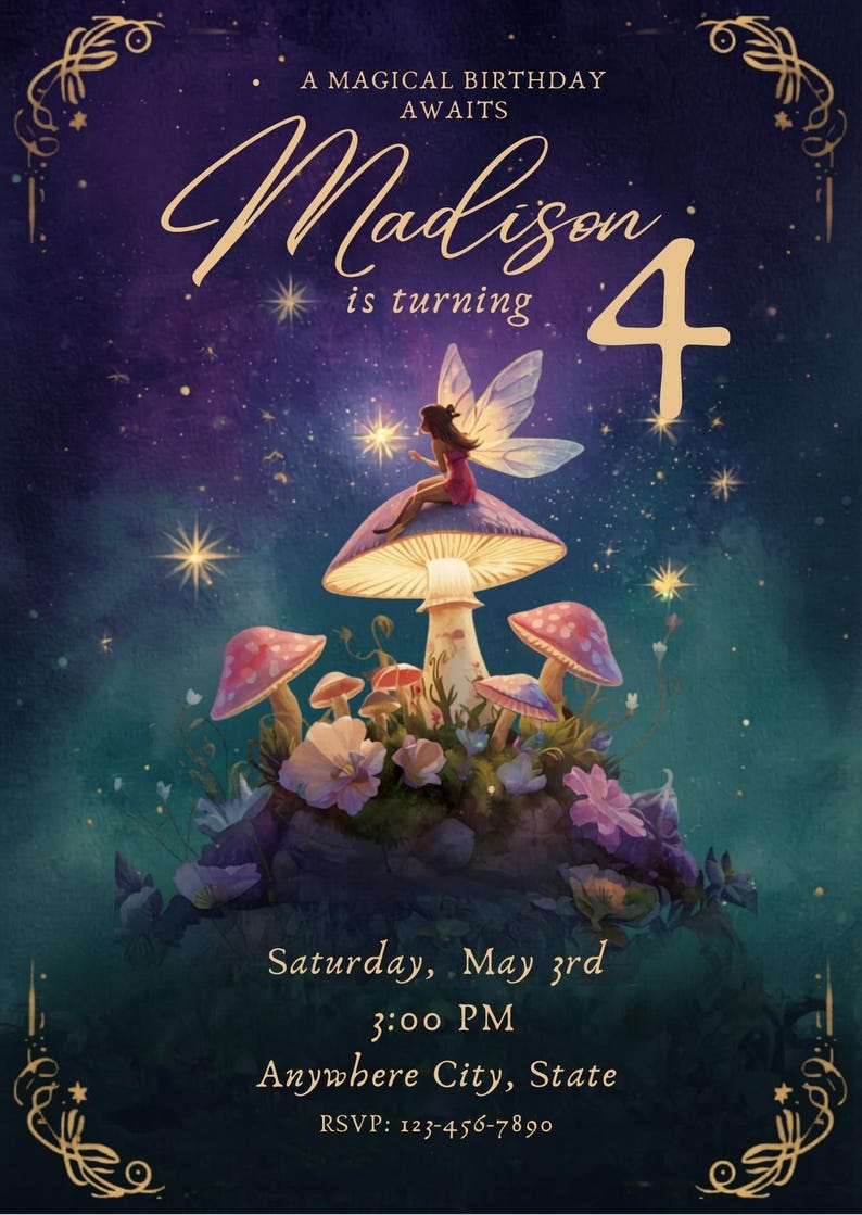 Enchanted forest fairy birthday invitation with mushrooms