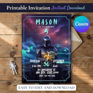 May include: A printable birthday invitation featuring a space-themed illustration of a armored character holding a small green creature. The text reads MASON IS TURNING 5, THURSDAY SEPTEMBER 30, 2:00 PM, 123 ANYWHERE ST. ANY CITY, STATE 12345, and RSVP 123-456-7890.