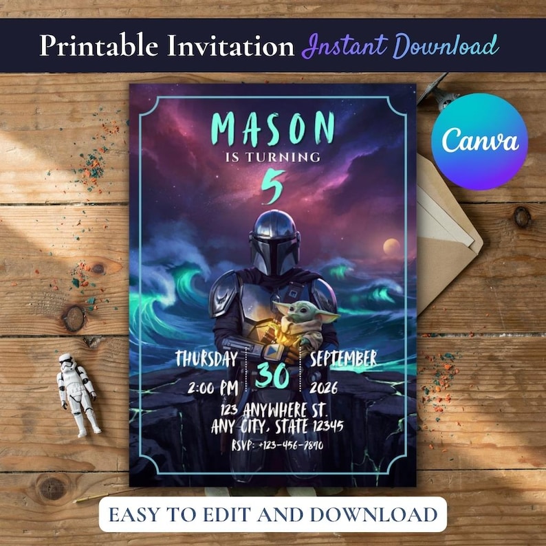 May include: A printable birthday invitation featuring a space-themed illustration of a armored character holding a small green creature. The text reads MASON IS TURNING 5, THURSDAY SEPTEMBER 30, 2:00 PM, 123 ANYWHERE ST. ANY CITY, STATE 12345, and RSVP 123-456-7890.