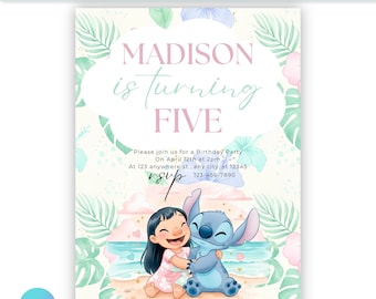 Lilo en Stitch-verjaardagsuitnodiging | Bewerkbare canvassjabloon | Afdrukbare uitnodiging voor kinderfeestje | Direct downloaden