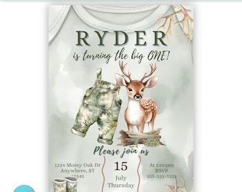 Editable Digital Hunting Birthday Invitation | Deer | Editable Canva Template | Printable Kids Party Invite