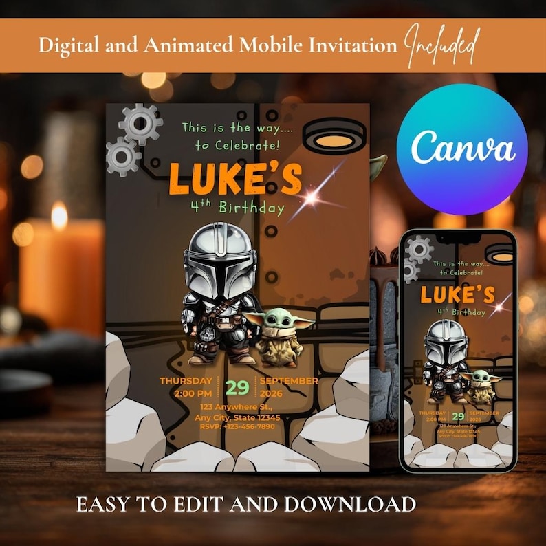 Puede incluir: Una plantilla de invitaci&oacute;n de cumplea&ntilde;os digital con un personaje de dibujos animados con armadura y una peque&ntilde;a criatura verde. El texto dice: This is the way to Celebrate! LUKE'S 4th Birthday, Thursday 2:00 PM, 29 September 2026, 123 Anywhere St, Any City, State 12345.