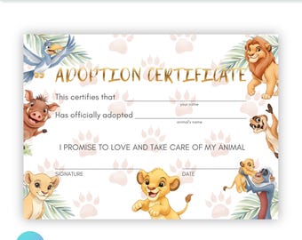 Editable Adoption Certificate | Editable Lion King | Digital Instant Download | Printable Simba