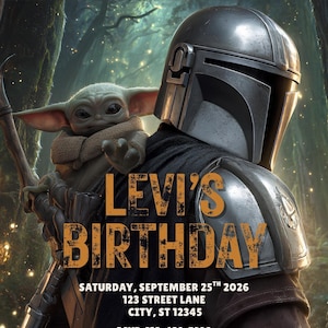 K&ouml;nnte beinhalten: Digitale Geburtstagseinladung mit The Mandalorian und Grogu aus Star Wars. Der Text lautet "Levi's Birthday" mit Datum, Uhrzeit und RSVP-Informationen. Der Hintergrund ist eine Waldszene.