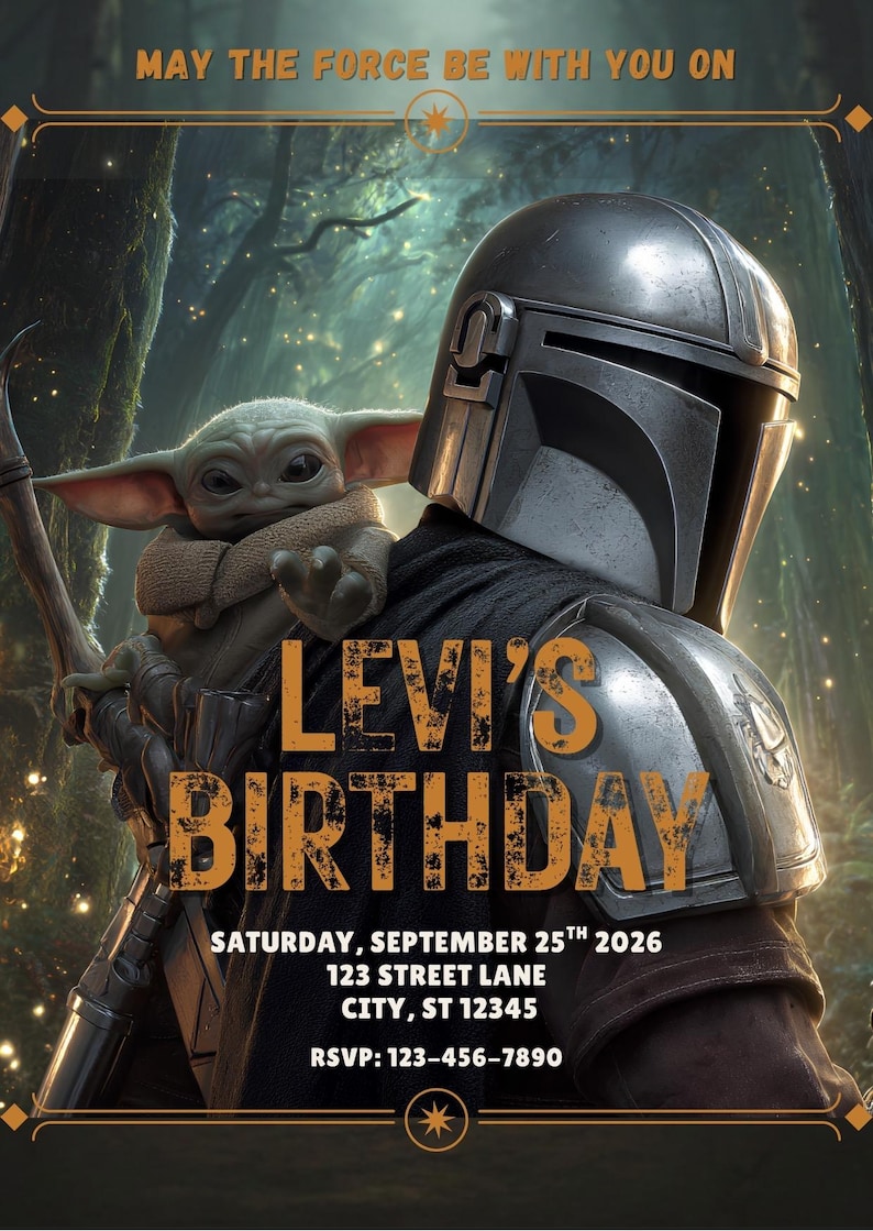 K&ouml;nnte beinhalten: Digitale Geburtstagseinladung mit The Mandalorian und Grogu aus Star Wars. Der Text lautet "Levi's Birthday" mit Datum, Uhrzeit und RSVP-Informationen. Der Hintergrund ist eine Waldszene.