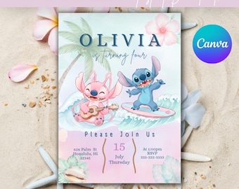 Angel and Stitch Birthday Invitation | Editable Canva Template (Digital Download)