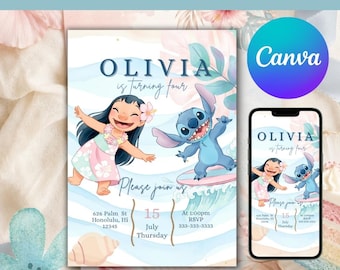 Plantilla de invitación de cumpleaños de Lilo y Stitch para Canva (Descarga digital)