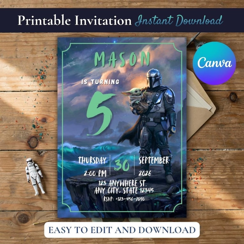 May include: A printable birthday invitation featuring a Mandalorian character holding a small green creature against a stormy coastal background. The text reads MASON IS TURNING 5, THURSDAY 30 SEPTEMBER 2026, 2:00 PM, 123 ANYWHERE ST. ANY CITY, STATE 12345, RSVP: 123-456-7890.