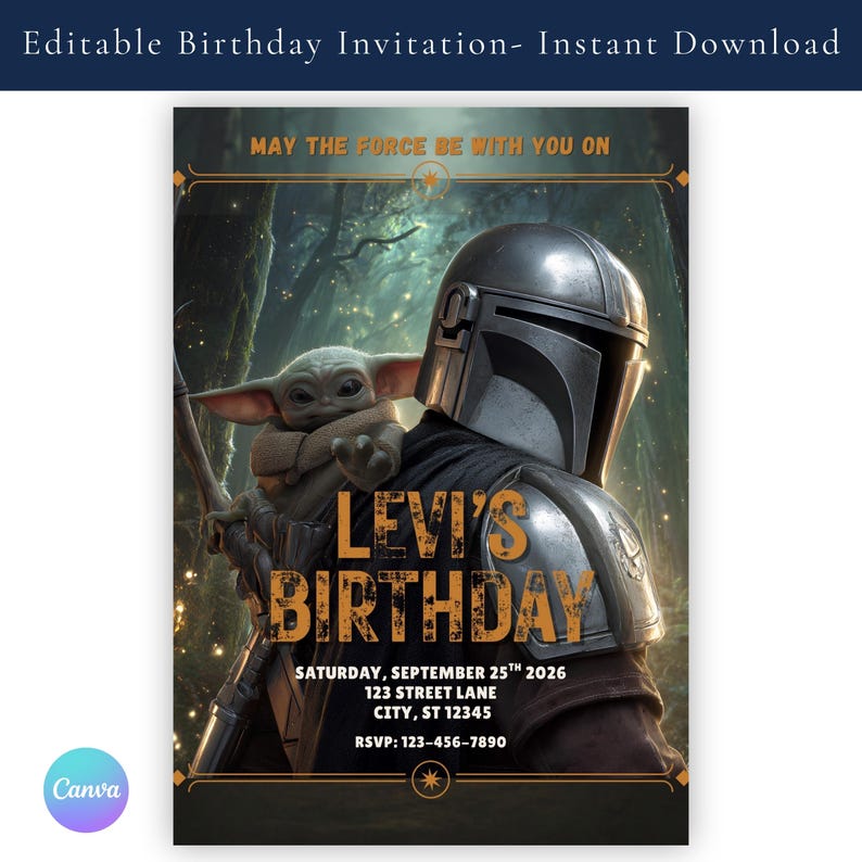 K&ouml;nnte beinhalten: Eine Geburtstagseinladung mit The Mandalorian und Grogu aus Star Wars. Das Design enth&auml;lt den Text "Levi's Birthday", Datum, Adresse und RSVP-Informationen. Der Hintergrund zeigt eine Waldszene mit einem goldenen Rahmen.