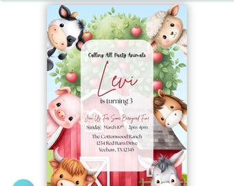 Farm Animals Birthday Invitation | Editable Canva Template | Kids Party Invite | Digital Download