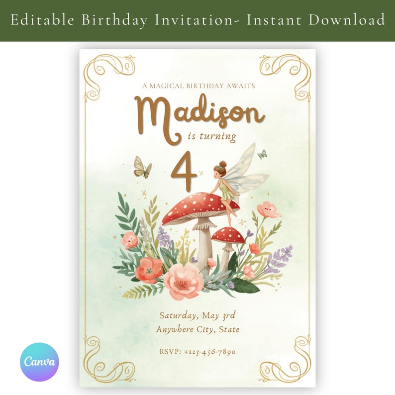 Watercolor fairy garden birthday invitation — primary design