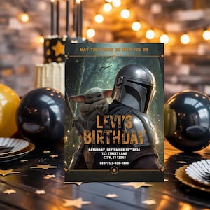 May include: Birthday invitation featuring The Mandalorian and Grogu. The invitation has the text "Levi's Birthday" and event details. The background includes a forest scene. The invitation is surrounded by party decorations, including balloons and a cake.