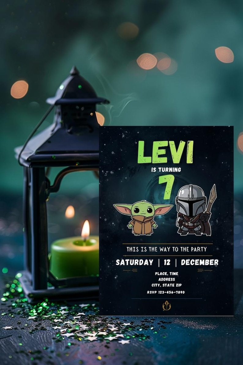 May include: A birthday party invitation featuring the name "LEVI" and the number "7" in green and white. The invitation includes illustrations of Grogu and the Mandalorian. The text "THIS IS THE WAY TO THE PARTY" is also present, along with the date and RSVP information.