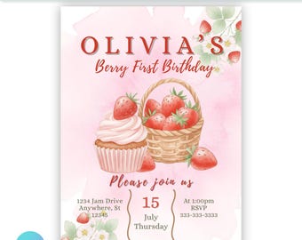 Editable Strawberry Invite 1st Birthday Digital | Berry | Editable Canva Template | Printable Party Invitation
